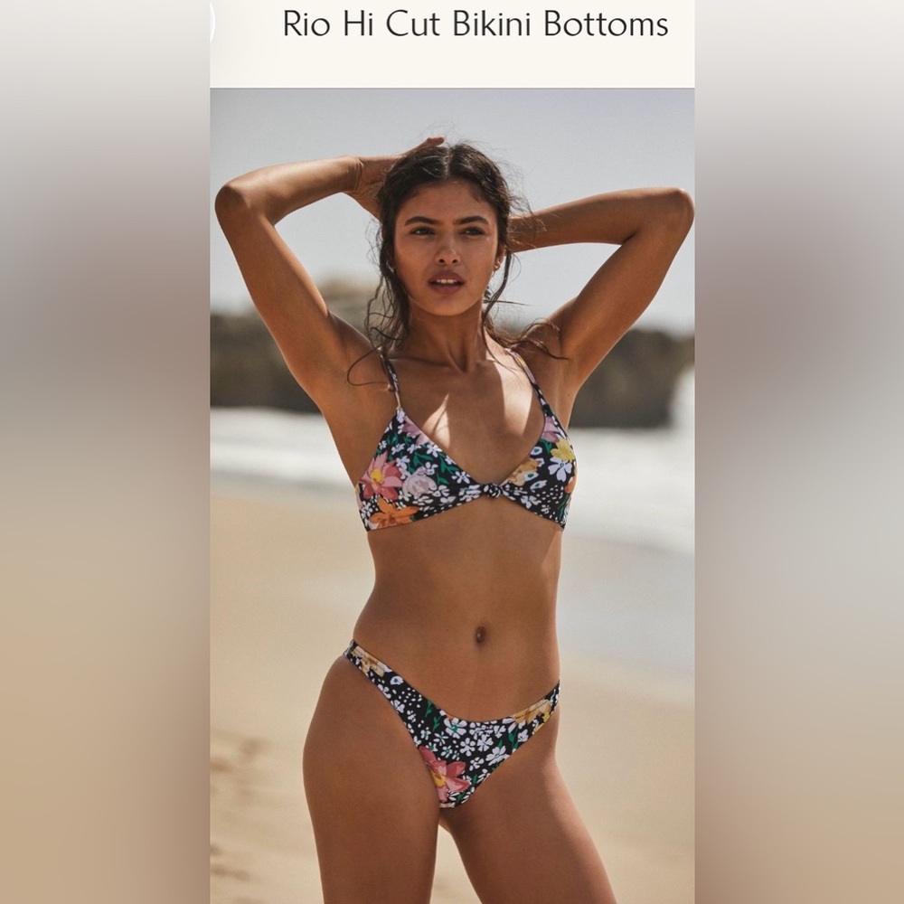 Free People Rio Hi Cut Bikini Bottoms only Black Floral Print size small 🆕